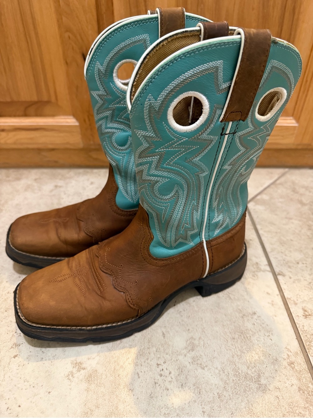 Durango Lady Rebel Western Boots Brown Leather Turquoise Shaft No Slip Sole, 7M